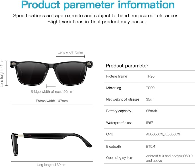 Smart Glasses for Men Women - Bluetooth Audio Sunglasses with Polarized Lenses - Wireless Headphones, Hands-Free Calling, UV Protection, Open Ear, IP67 Waterproof for Driving Fishing Walking