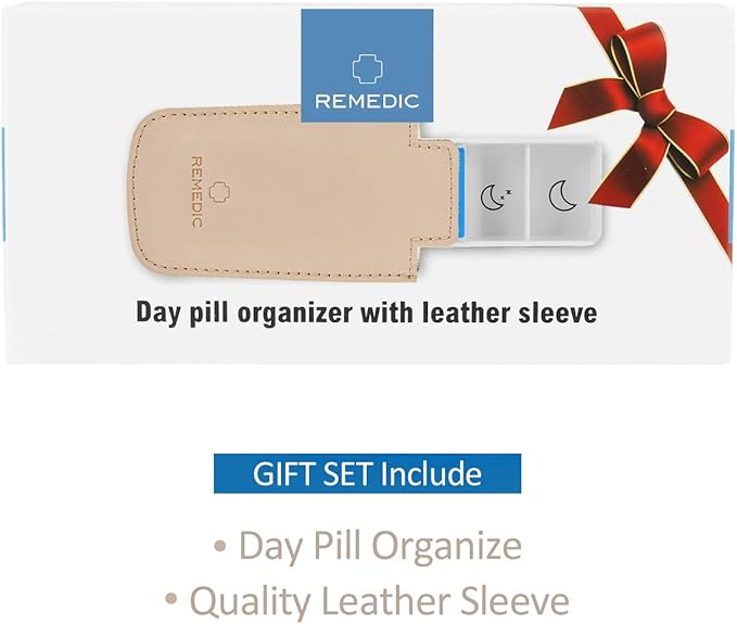 Remedic Daily Pill Dispenser BPA-Free Large Clear Compartments Travel Medicine Organizer Case with Slide Open 4-Times-a-Day Vitamins Supplements Holder Gift Set Include Leather Sleeve…