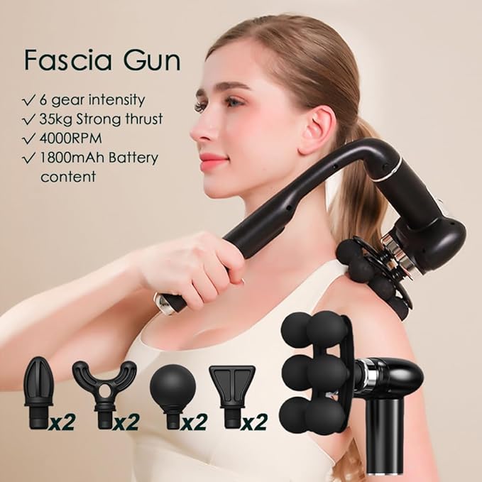 IeBilif Massage Gun with Extension Handle, Handheld Foot Back Neck Shoulder Massager with 6 Adjustable Speeds & Modes and 5 Replaceable Heads for Gym & Home Use, Birthday Gifts for Men