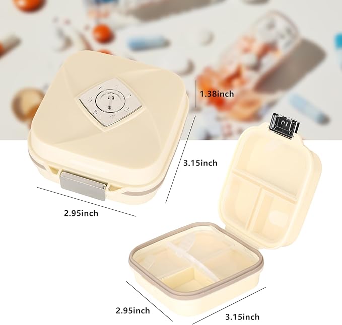 Weekly Pill Organizer, 7 Compartment Travel Pill Case with Rotatable Dose Recorder, Daily Waterproof Airtight Medicine Box for Vitamins & Supplements, Black Small, Cream White Small