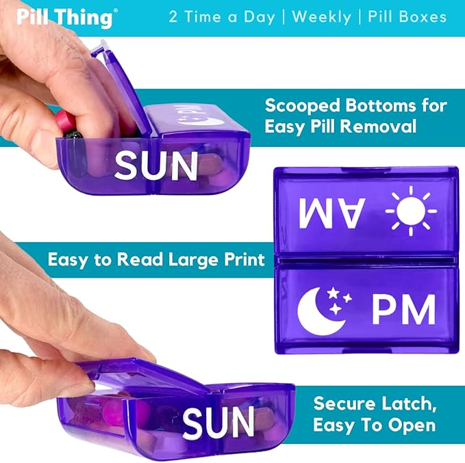 Large Weekly Pill Organizer AM PM, 2 Times a Day Pill Box with Extra-Large Compartments, 7 Day Color-Coded Cases, Secure Snap-in Tray, BPA Free (2X a Day - 1 Pack)