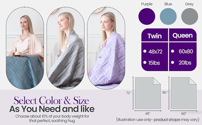 Weighted Blanket for Adults (15 lbs, 48”x72”,Purple) Twin Size. 100% 300TC Viscose, Derived from Bamboo-Premium 7 Layer Cooling Weighted Blankets. Breathable Blanket with travel bag & Machine Washable