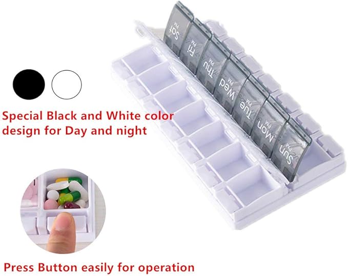 Pill Box Organiser 7-Day Weekly for AM PM Day Night Twice a Day, Pill Case with 14 Compartments for Vitamin Capsule Supplements Press Open Black-White (2time1day-blk)