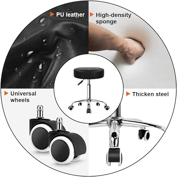 KKTONER Round Rolling Stool PU Leather Height Adjustable Swivel Drafting Work SPA Medical Salon Stools Chair with Wheels Black