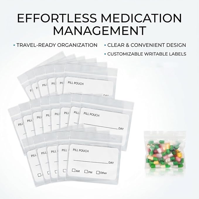 114PCS Travel Pill Organizer - RAINFLOW Bpa Free Pill Bags for Travel, Pack of 50 Clear Label Writing Baggies 50 Mylar Bags 7 Colors Small Ziplock Bag 7 Pill Box AM PM Supplements Baggies