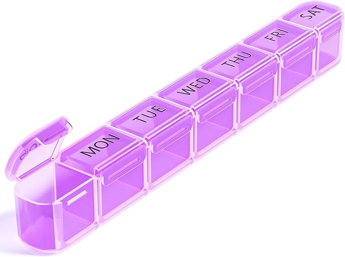Daviky Weekly Pill Organizer, Large 7 Day Pill Box, Travel Pill Case, Daily Pill Dispenser for Vitamins, Medicines, Supplements, and Fish Oil(Purple)