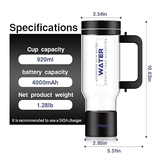Hydrogen Water Pitcher with Handle: Smart 32 Oz Hydrogen-Enriched Kettle with Dry Electrolysis, Self-Cleaning, Tilt Protection, USB-C Rechargeable