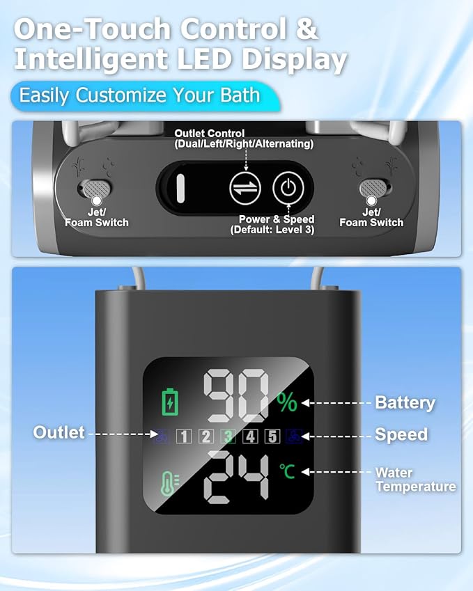 Portable Bath Jets for Tub: Cordless Jet Spa for Bathtub with 5-Level Adjustable Speed & LED Display, IPX8 Waterproof Bath Jets, 8 Suction Cups, Jet/Bubble Mode,Birthday Gifts for Women - Gray