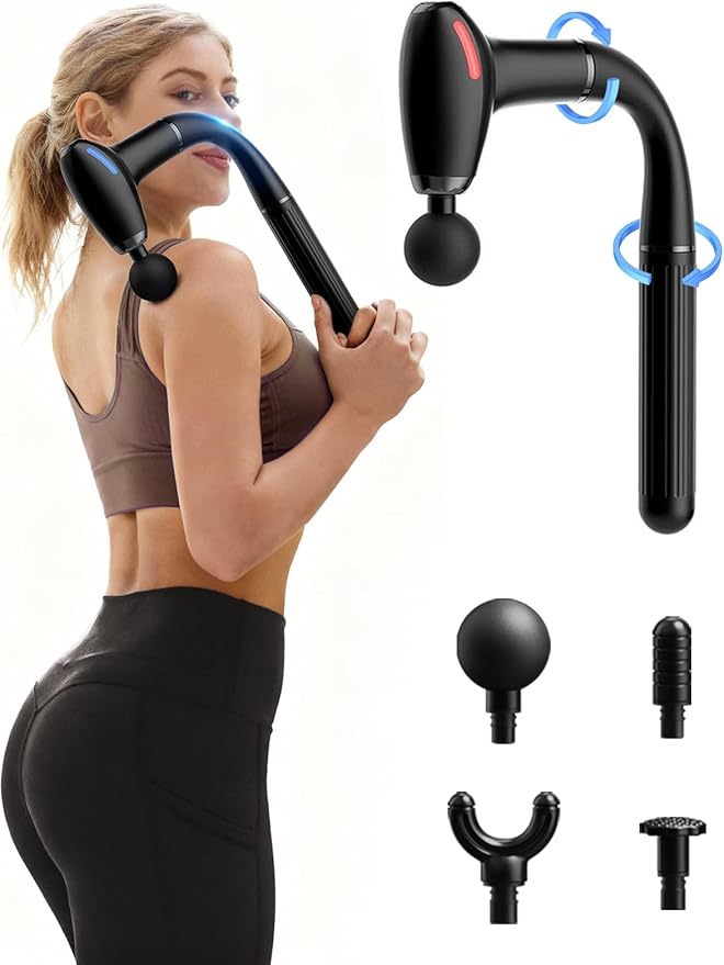3-in-1 Massage Gun with Upgraded Extension Handle,Back Massager for Pain Relief, Portable Percussion Muscle Massager for Shoulder, Thigh, Waist & Neck Shoulders Waist Arm Legs Foot, 4 Replaceable