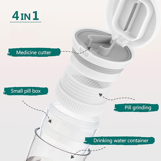 4 in 1 Pill Cutter Splitter, Pill Cutter for Small or Large Pills, Travel Pill Organizer with Crusher Grinder Fine Powder, Stainless Steel Blade, Removable Drinking Cup (White)