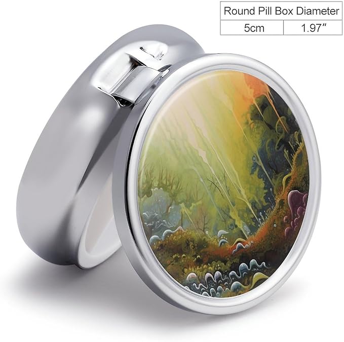Artwork Pill Box 3 Compartment Small Pill Case Portable Pill Box for Pocket Or Purse Round Metal Pill Box Cute Medicine Organizer Holder to Hold Vitamins Medication