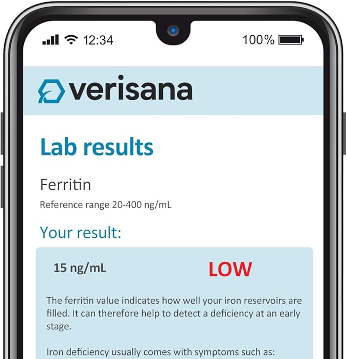 Iron Test for Women – Determine Your Ferritin Value & a Possible Iron Deficiency – Easy & Convenient from Home by CLIA-Certified Lab – Verisana
