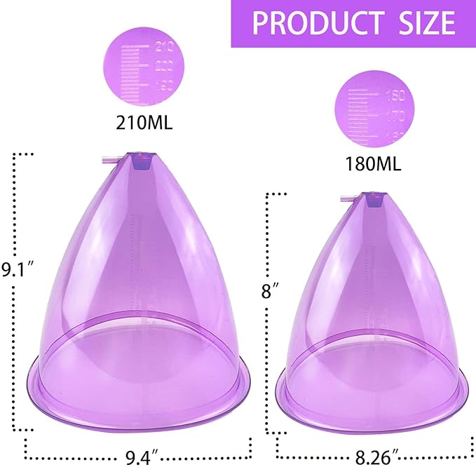 Buttock Vacuum Cups 210ML &180ML,Vacuum Therapy Cupping Machine Accessories, 9.4inch & 8.26inch XL Suction Cups for Butt Massage with Y-Hose & Gua Sha Board, 2 Pairs (Purple)
