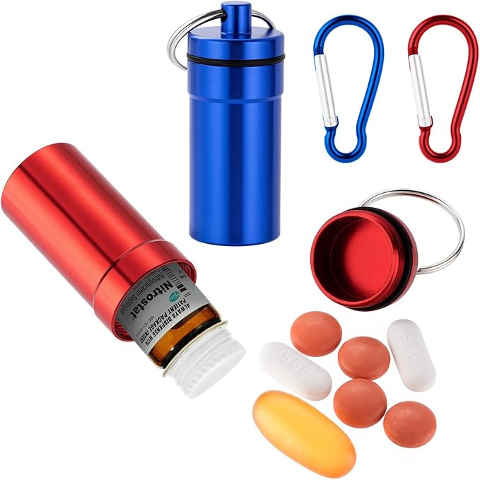 Keychain Pill Holder for Nitroglycerin, 2 Pack Mini Waterproof Portable Travel Purse Pocket Pill Case, Keychain Fob Container for 25ct Nitro/Nitroglycerin Bottle (2pcs-Red + Blue)