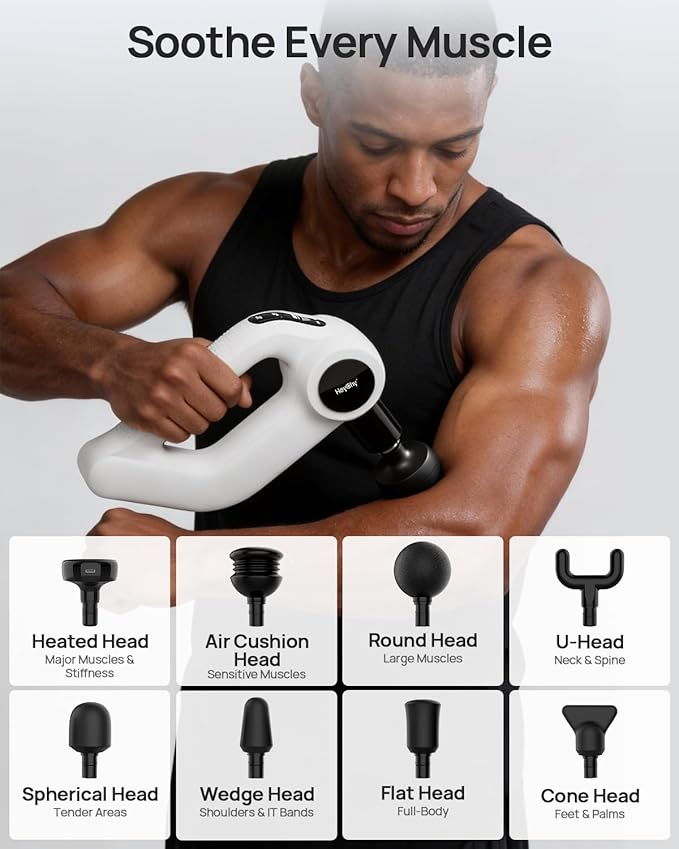 Massage Gun Deep Tissue with Heat Therapy, 12mm Amplitude Muscle Massager for Athletes, 5 Speeds & 4 Modes Massager Gun for Neck Back Shoulder Leg Pain Relief - Perfect for Men, White