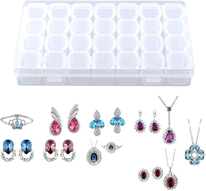 Box, Jewelry Organizer Clear Plastic 28 Slots Adjustable Tablet Jewelry Storage Box Container