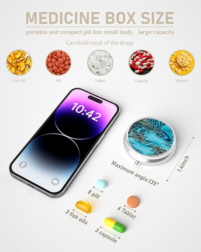 Pill Box, 3 Compartment Portable Travel Medicine Box with Mirror, Compact and Cute, Fits in Purse and Pocket, Medicine and Vitamin Organizer (Blue Gold Marble)