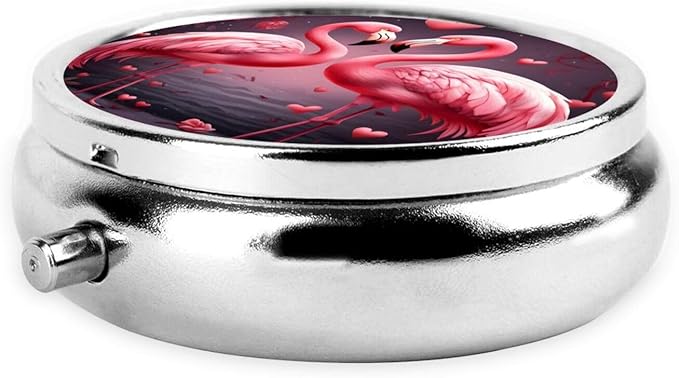 Two Flamingos Valentines Day Pill Box 3 Compartment Pill Case, Portable Medicine Pill Organizer for Pocket Purse Pill Box Decorative Metal Medicine Vitamin Organizer