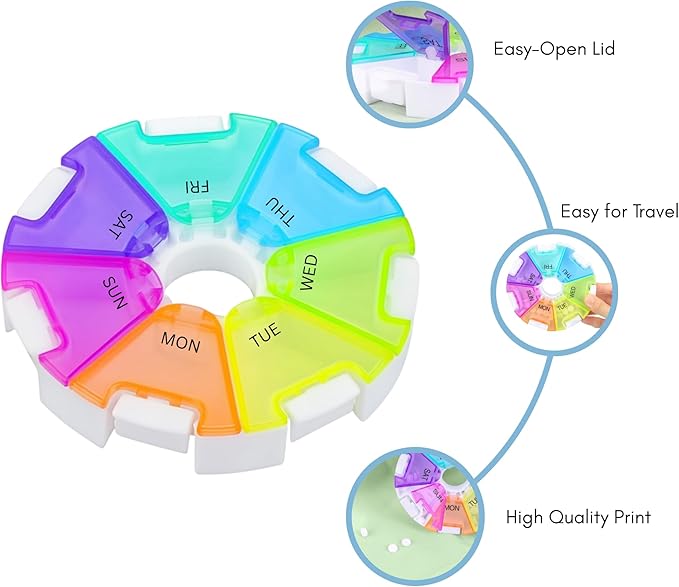 Weekly Pill Organizer 7 Day Round Pill Box Arthritis Friendly Spring Open, Leak-Proof Compartments for Vitamins, Medications & Supplements BPA-Free Travel Pill Case, Color-Coded Daily, Spill-Proof
