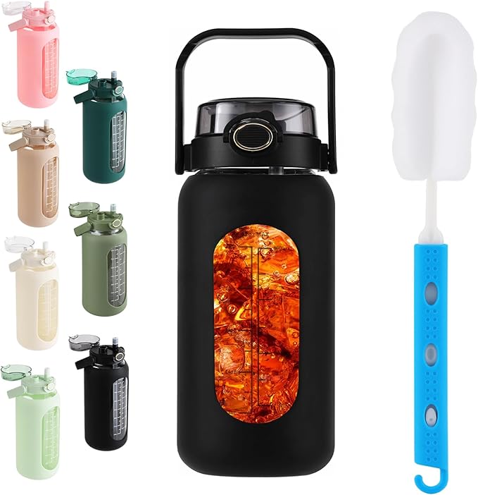 Glass Water Bottle with Straw and Handle Lid Half Gallon Motivational Glass Bottle with Silicone Sleeve and Time Marker Large Reusable Sports Water Jug for Gym Home Workout