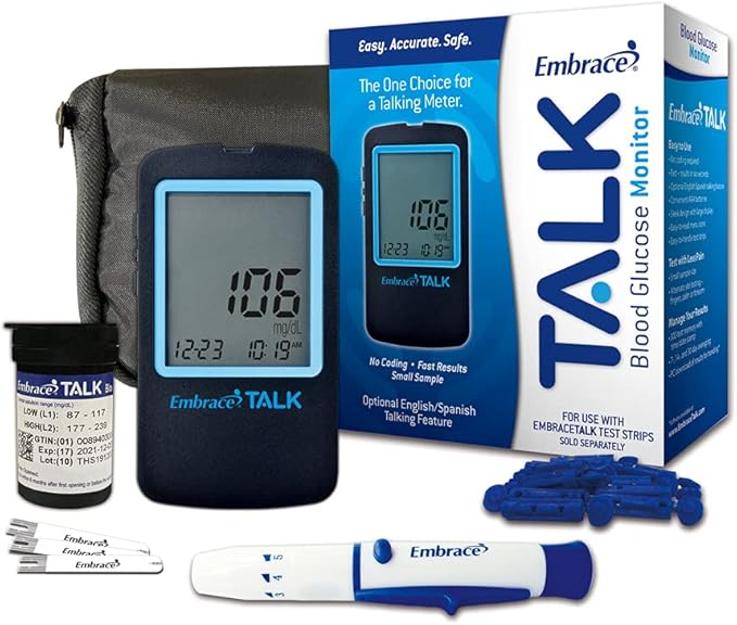 Embrace Talk Diabetes Testing Kit – Embrace Talk Blood Glucose Meter, 50 Blood Test Strips, 1 Lancing Device, 30 Gauge Lancets-50 Count and Carrying Case