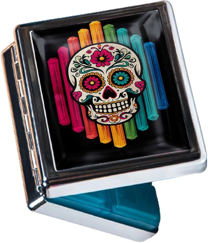 Metal Pill Organizer Box with Mirror – 8 Compartment Chrome Pill Case, Pocket-Size Travel Pill Container for Vitamins, Seniors, Daily Use (Sugar Skull on Rainbow)