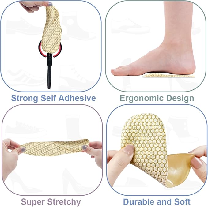 Dr.Foot Arch Support Shoe Inserts for Plantar Fasciitis Relief, Self-Adhesive Arch Pads Heel Cushion for Flats, Heel Pain, Gel Arch Insoles for Men and Women 2 Pairs (Apricot, Small)