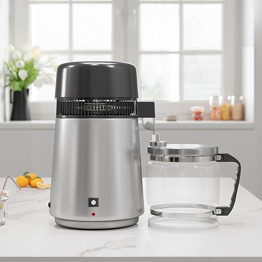 4L Water Distiller for Home Countertop, Stainless Steel Distilled Water Purifier Machine, 1 Gallon Per Cycle, 110V 750W with Auto Shut-Off, BPA-Free Glass Collection Pitcher, Silver Finish