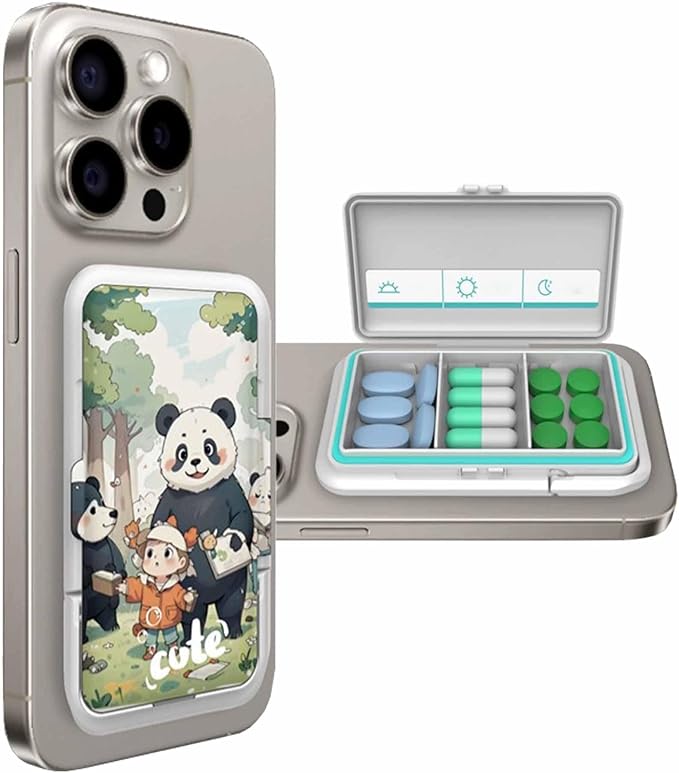 Pill Organizer Discreet for Phone - Portable Small Compact Pill Box with Bracket Cute Pill Organizer Easy Open Waterproof Pill Case for Travel Outdoor Camping(B)