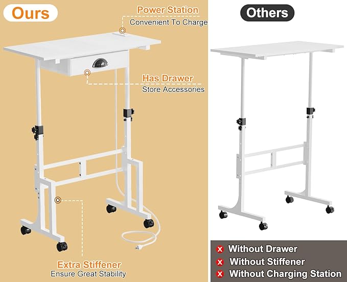 Small Adjustable Height Standing Desk with Storage Drawers, Rolling Sit Stand Up Desk with Wheels Charging Station, Adjustable Mobile Portable Table for Walking Pad Laptop Treadmill Computer