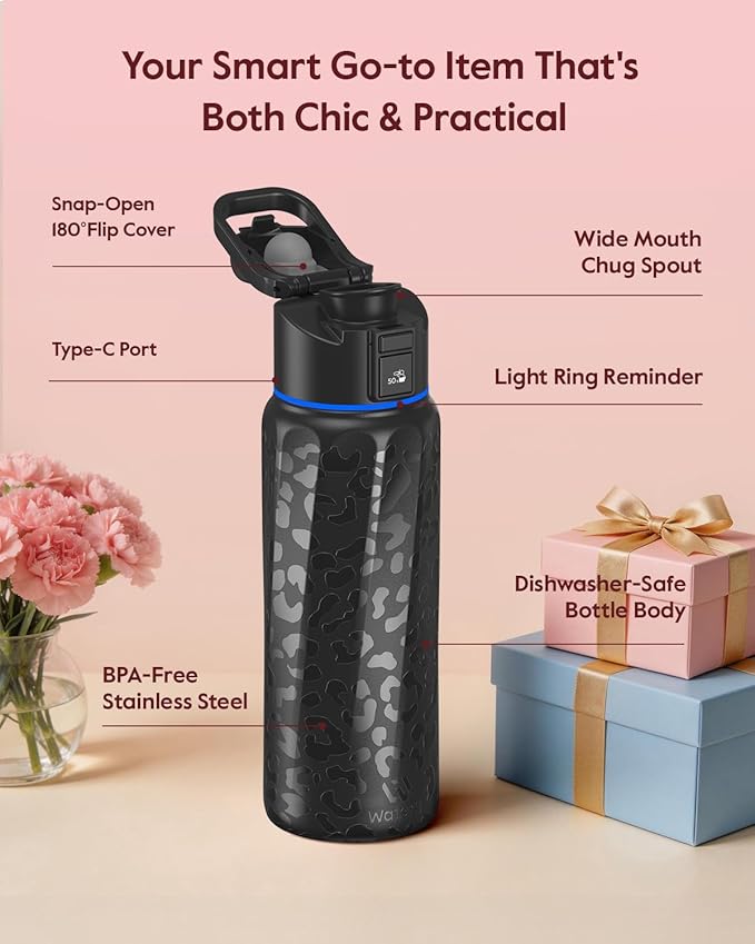 BOOST Smart Water Bottle with Reminder & Tracker, Double Wall Vacuum Insulated Bottles Stainless Steel, 32oz BPA-Free Wide Mouth for School, Gym, Office, Ideal for Mother's Day