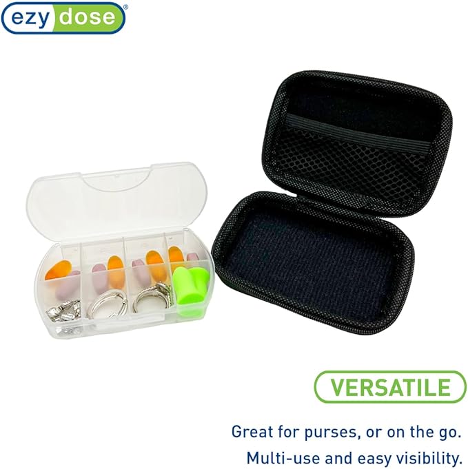 EZY DOSE Hard Sided Pocket Pharmacy Pill Case, Features Zippered Pouch, Easy to Use Design, Portable and Perfect for Daily Usage, 8-Comparments, BPA Free, Black