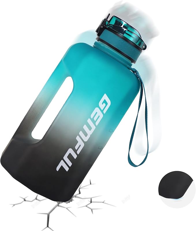GEMFUL Half Gallon Water Bottle with Time Marker Handle 74oz BPA-Free Leakproof Jug for Gym Hiking Camping 2.2L Motivational Sports Bottle Men Women (Green Black no Straw)