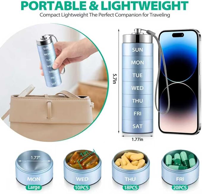 Metal Pill Organizer, Travel Large Weekly Pill Box, Portable Aluminum Alloy Waterproof Pill Case Container, 7 Day Daily Medicine Organizer Holder for Vitamin, Fish Oil, Supplement, Blue
