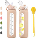 32 oz Glass Water Bottles with 2 Lids-Handle Spout Lid & Straw Lid, 1 Liter Motivational Borosilicate Water Bottle with Time Marker and Silicone Sleeve,Leakproof-Amber-1 Pack
