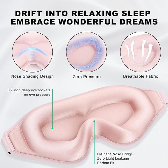 3D Contoured Sleep Eye mask Side Sleeper Men Women Zero Eye Pressure high Density Memory Foam Soft Breathable Light Blocking Night Blindfold Travel Yoga Napping Pink