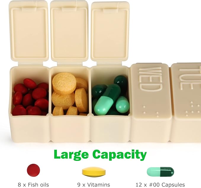 2Pack Weekly Pill Organizer,7 Days Pill Cases Travel Daily Pill Box Medicine Organizer Pill Box 7 Day Pill Organizer Weekly for Fish Oil, Calcium Tablets Supplements (Pink+Beige)