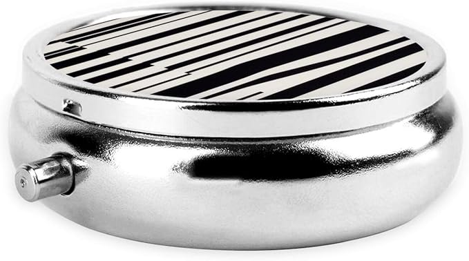Black & White Stripe Printed Pill Organizer,Round Travel Pill Organizer Mini Medicine Pill Box for Purse Iron Plating