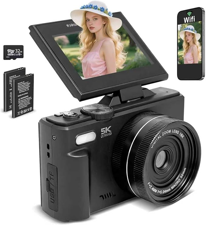 5k Digital Camera,75mp Cameras for Photography with 18x Digital Zoom & Autofocus,3" 180° Flip Screen,WiFi Vlogging Camera for YouTube Video,Photography Cameras for Beginners,With32GB Card & Flas