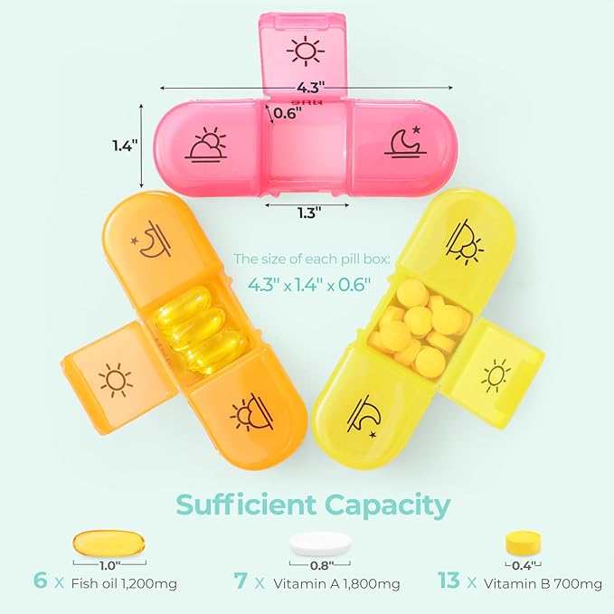 Cute Pill Organizer 3 Times a Day, Large Daily Pill Case for Women, Portable Pill Box 7 Day for Purse with Bag & Zipper to Hold Vitamins, Medications, Fish Oils, Supplements (Cyan Blue)