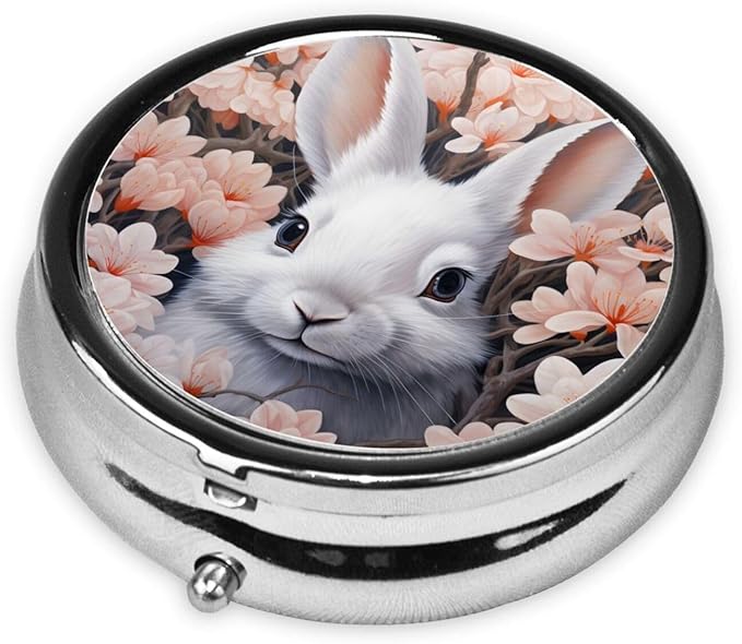 Cherry Blossoms Rabbit Pill Box 3 Compartment Pill Case, Portable Medicine Pill Organizer for Pocket Purse Pill Box Decorative Metal Medicine Vitamin Organizer
