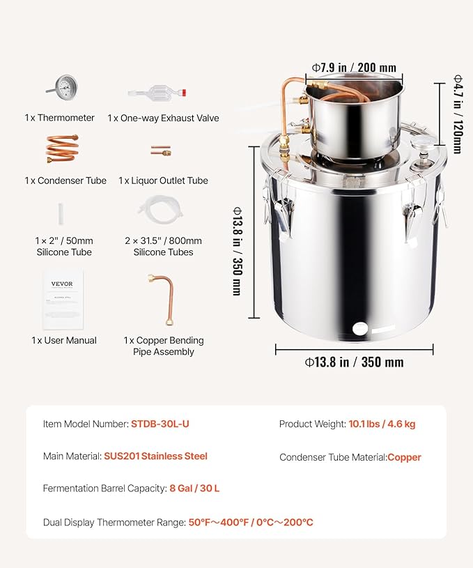 VEVOR Alcohol Still, 8 Gal / 30 L Stainless Steel Water Alcohol Distiller with Copper Coil, Home Brewing Refining Fermentation Kit with Thermometer, for Wine Whisky Brandy, Silver