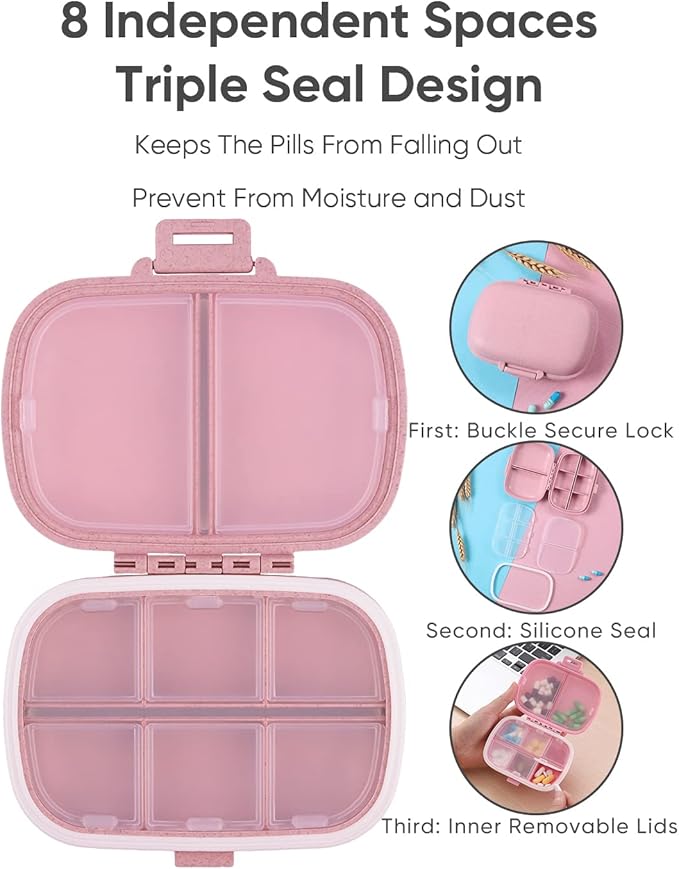 Holii 2PS 8 Compartments Travel Pill Organizer, Pocket Pharmacy for Purse Daily Pill Box Portable Medicine Organizer Vitamin Holder Container (Light Pink)
