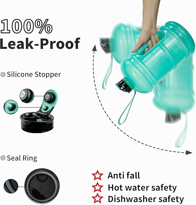 TOOFEEL 1 Gallon Water Bottle,Leakproof,Bpa Free,Dishwasher Safe,128 oz Large Water Jug wiht Handle,Travel & Camping & Sports & Gym Water Bottle For Men and Women - Transparent Mint Green