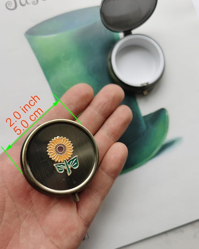 Sunflower Travel Pill Box Organizer - Cute Daily Medicine Pill Box for Purse, Round Vintage Vitamin Pill Organizer for Pocket,Bronze Metal Pill Case Portable Pill Holder Storage (Sunflower)