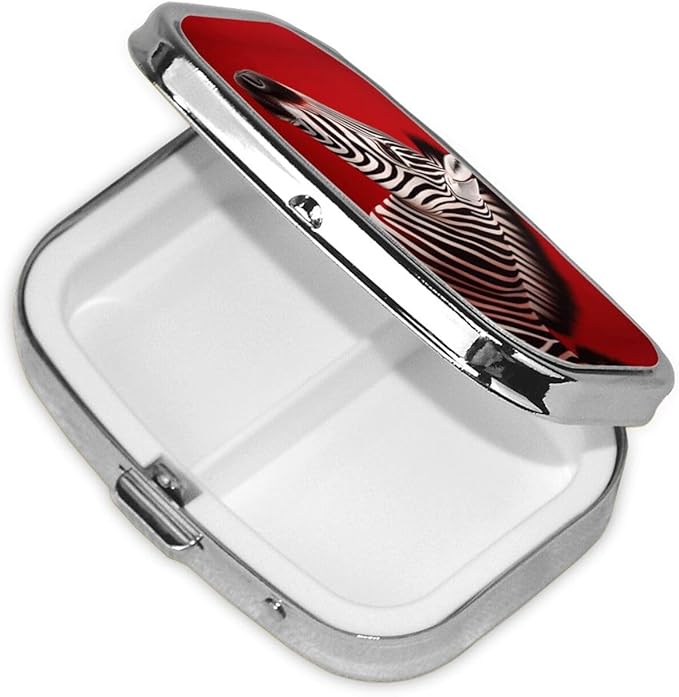 Square Pill Box 2 Compartment Medicine Pill Case Zebra Red Pill Box for Purse Pocket Waterproof Metal Pill Container Portable Pill Holder Mini Pill Organizer for Travel or Daily
