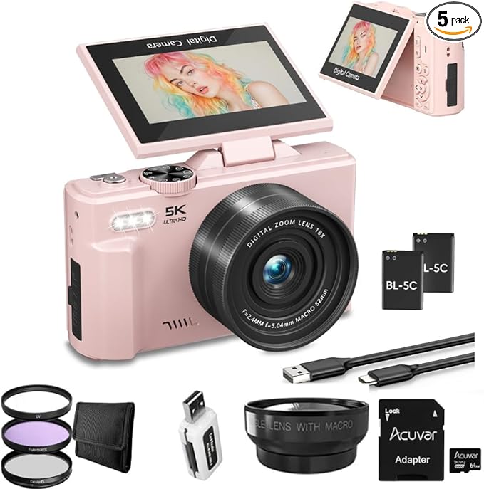 4K/5K Digital Camera for Photography & Video – UHD Vlogging Camera with WiFi, Autofocus, 3" Flip Screen, 18X Zoom – Compact Creator Kit with Lens, Filters & Case (Pink)