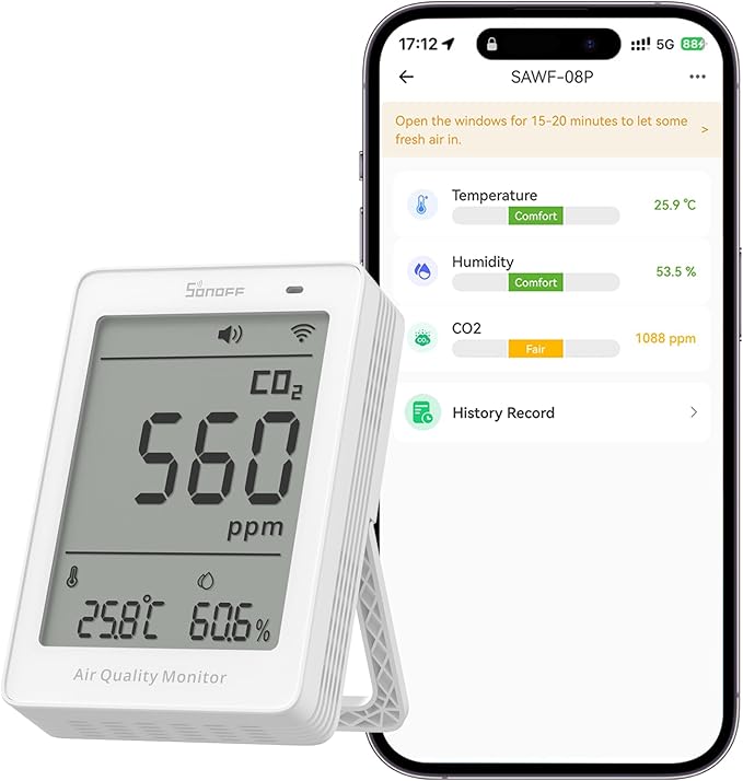 SONOFF AirGuard CO2, Smart Indoor Air Quality Monitor, Matter Compatible, 2.4GHz WiFi, Carbon Dioxide Detector for CO2/Temp/Humidity, Real-Time Display & Alarm, for Bedroom, Nusery Room