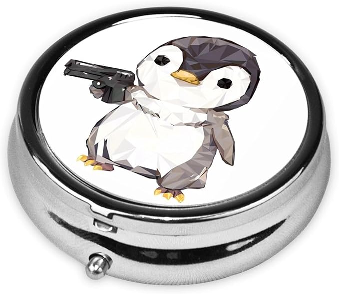 Cartoon Penguin Printed Round Travel Pill Box Cute Small Metal Pocket Pill Case for Men & Women 3 Compartment Portable Pill Organizer for Purse or Pocket