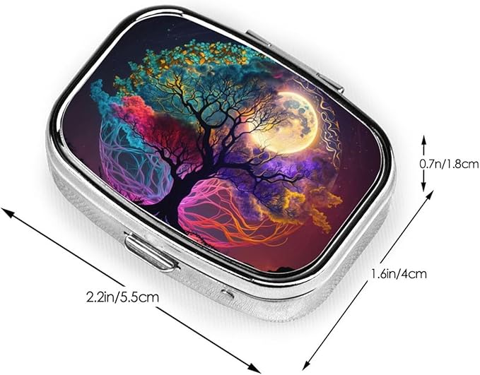 Magic Fantasy Tree Moon Art Print Square Metal Pill Box with 2 Compartment for Pocket or Purse Travel Bag Small Size 2.2 inche